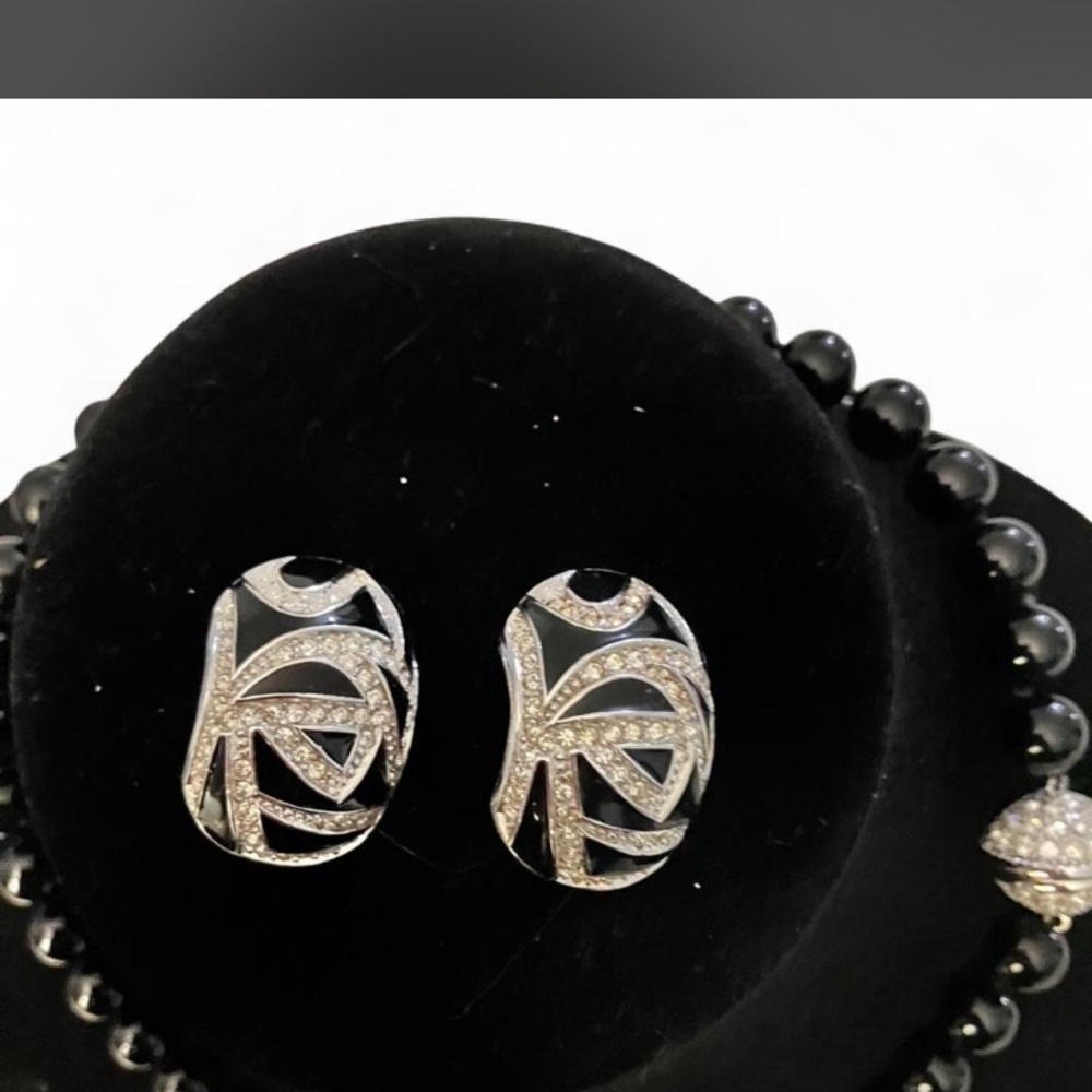 Old money Dior Vintage Black N Diamond Accents Clip Earrings.Onyx Necklace set! - Picture 4 of 15